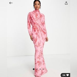 ASOS DESIGN drape neck maxi dress in red floral print.